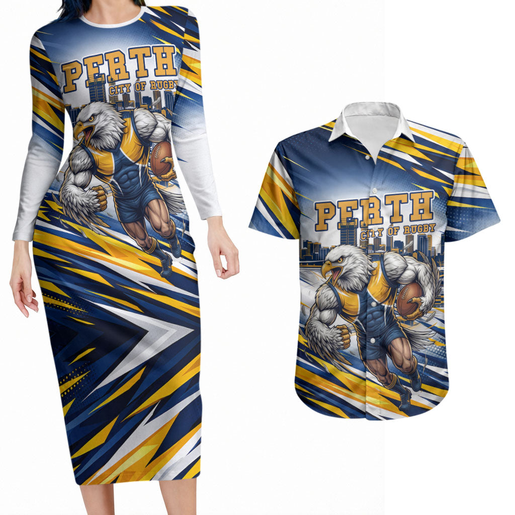 Personalised West Coast Eagles Fan Pride Couples Matching Long Sleeve Bodycon Dress and Hawaiian Shirt Muscular Eagle Mascot Graphic Art With Perth City Skyline