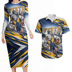 Personalised West Coast Eagles Fan Pride Couples Matching Long Sleeve Bodycon Dress and Hawaiian Shirt Muscular Eagle Mascot Graphic Art With Perth City Skyline