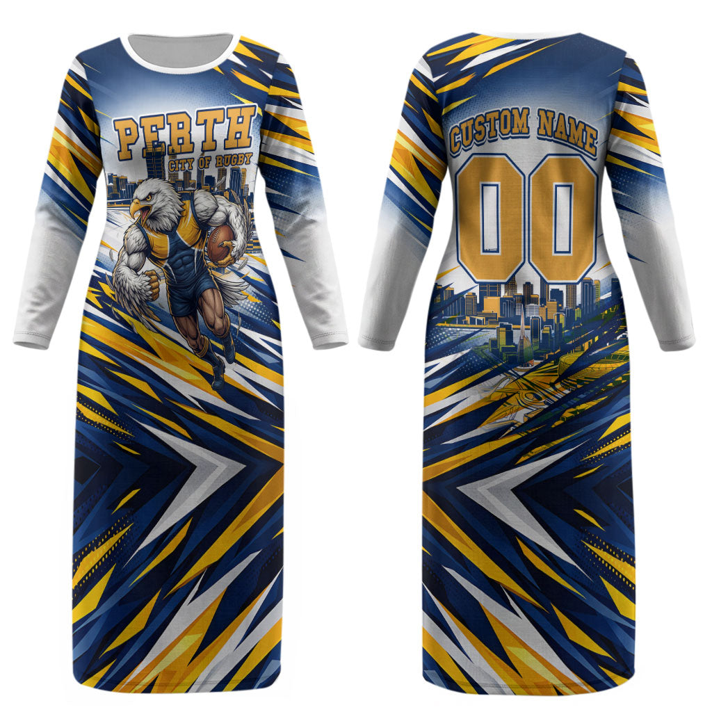 Personalised West Coast Eagles Fan Pride Couples Matching Long Sleeve Bodycon Dress and Hawaiian Shirt Muscular Eagle Mascot Graphic Art With Perth City Skyline