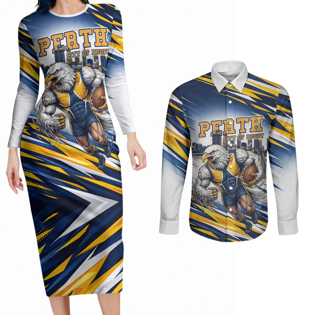 Personalised West Coast Eagles Fan Pride Couples Matching Long Sleeve Bodycon Dress and Long Sleeve Button Shirt Muscular Eagle Mascot Graphic Art With Perth City Skyline