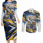 Personalised West Coast Eagles Fan Pride Couples Matching Long Sleeve Bodycon Dress and Long Sleeve Button Shirt Muscular Eagle Mascot Graphic Art With Perth City Skyline