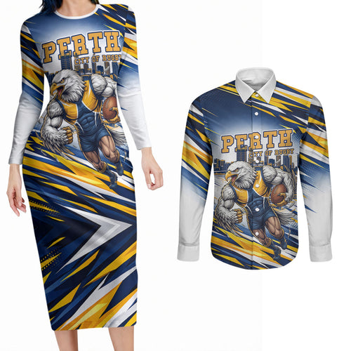 Personalised West Coast Eagles Fan Pride Couples Matching Long Sleeve Bodycon Dress and Long Sleeve Button Shirt Muscular Eagle Mascot Graphic Art With Perth City Skyline