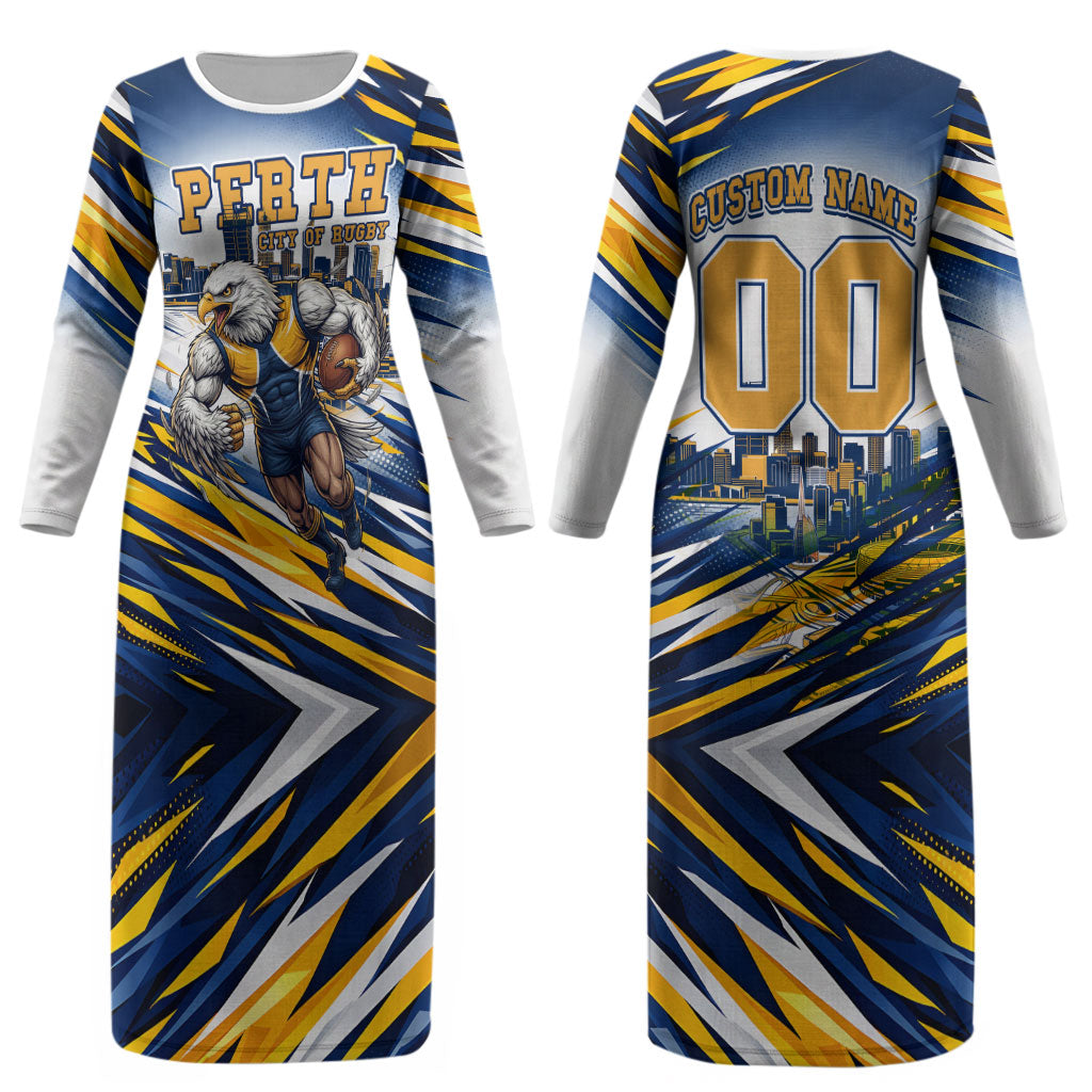 Personalised West Coast Eagles Fan Pride Couples Matching Long Sleeve Bodycon Dress and Long Sleeve Button Shirt Muscular Eagle Mascot Graphic Art With Perth City Skyline