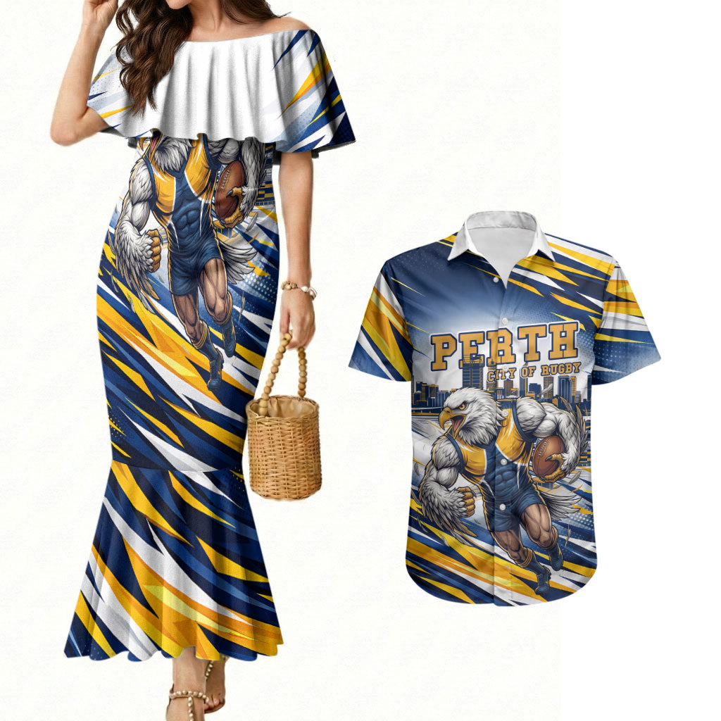 Personalised West Coast Eagles Fan Pride Couples Matching Mermaid Dress and Hawaiian Shirt Muscular Eagle Mascot Graphic Art With Perth City Skyline