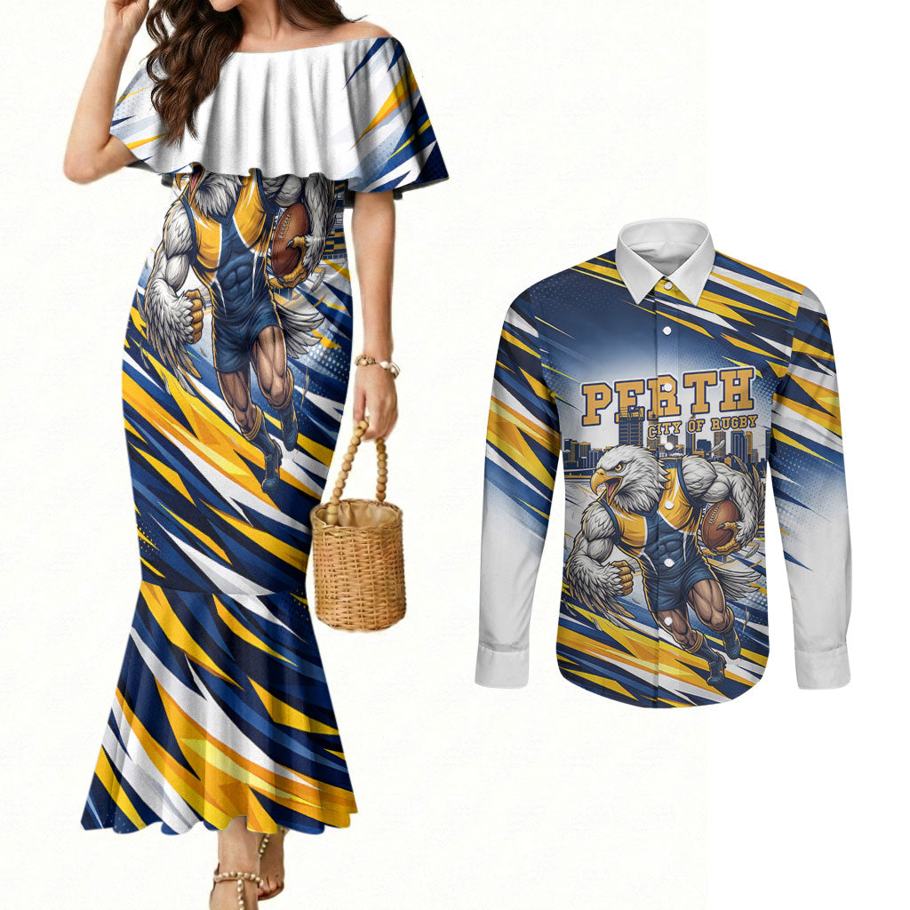 Personalised West Coast Eagles Fan Pride Couples Matching Mermaid Dress and Long Sleeve Button Shirt Muscular Eagle Mascot Graphic Art With Perth City Skyline
