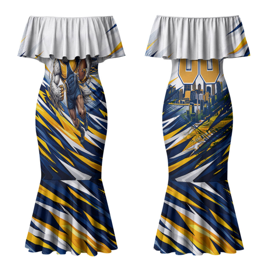 Personalised West Coast Eagles Fan Pride Couples Matching Mermaid Dress and Long Sleeve Button Shirt Muscular Eagle Mascot Graphic Art With Perth City Skyline