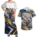 Personalised West Coast Eagles Fan Pride Couples Matching Off Shoulder Maxi Dress and Hawaiian Shirt Muscular Eagle Mascot Graphic Art With Perth City Skyline