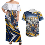 Personalised West Coast Eagles Fan Pride Couples Matching Off Shoulder Maxi Dress and Hawaiian Shirt Muscular Eagle Mascot Graphic Art With Perth City Skyline
