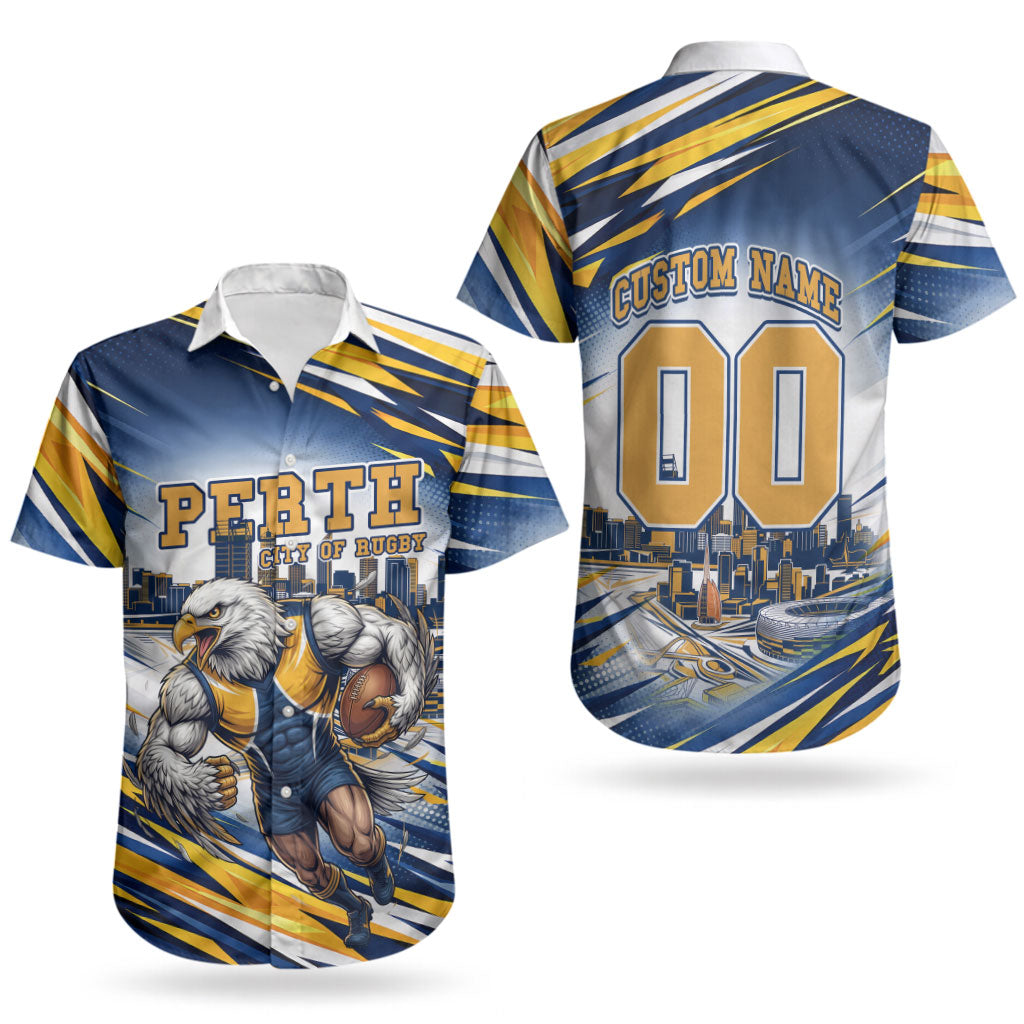 Personalised West Coast Eagles Fan Pride Couples Matching Off Shoulder Maxi Dress and Hawaiian Shirt Muscular Eagle Mascot Graphic Art With Perth City Skyline