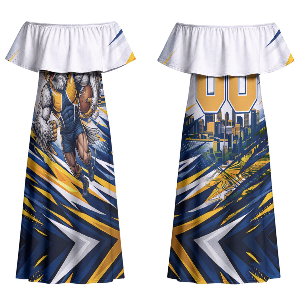 Personalised West Coast Eagles Fan Pride Couples Matching Off Shoulder Maxi Dress and Hawaiian Shirt Muscular Eagle Mascot Graphic Art With Perth City Skyline