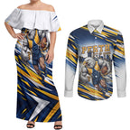 Personalised West Coast Eagles Fan Pride Couples Matching Off Shoulder Maxi Dress and Long Sleeve Button Shirt Muscular Eagle Mascot Graphic Art With Perth City Skyline