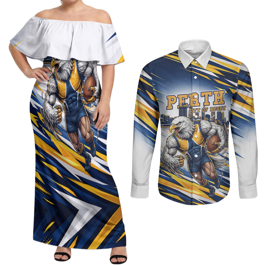 Personalised West Coast Eagles Fan Pride Couples Matching Off Shoulder Maxi Dress and Long Sleeve Button Shirt Muscular Eagle Mascot Graphic Art With Perth City Skyline