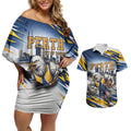 Personalised West Coast Eagles Fan Pride Couples Matching Off Shoulder Short Dress and Hawaiian Shirt Muscular Eagle Mascot Graphic Art With Perth City Skyline