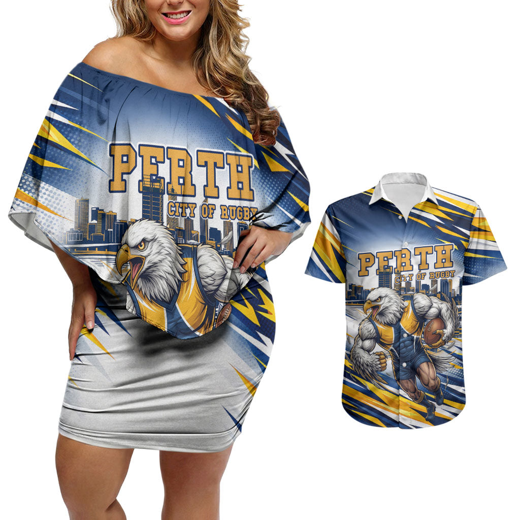 Personalised West Coast Eagles Fan Pride Couples Matching Off Shoulder Short Dress and Hawaiian Shirt Muscular Eagle Mascot Graphic Art With Perth City Skyline