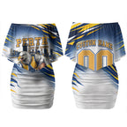 Personalised West Coast Eagles Fan Pride Couples Matching Off Shoulder Short Dress and Hawaiian Shirt Muscular Eagle Mascot Graphic Art With Perth City Skyline
