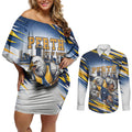 Personalised West Coast Eagles Fan Pride Couples Matching Off Shoulder Short Dress and Long Sleeve Button Shirt Muscular Eagle Mascot Graphic Art With Perth City Skyline