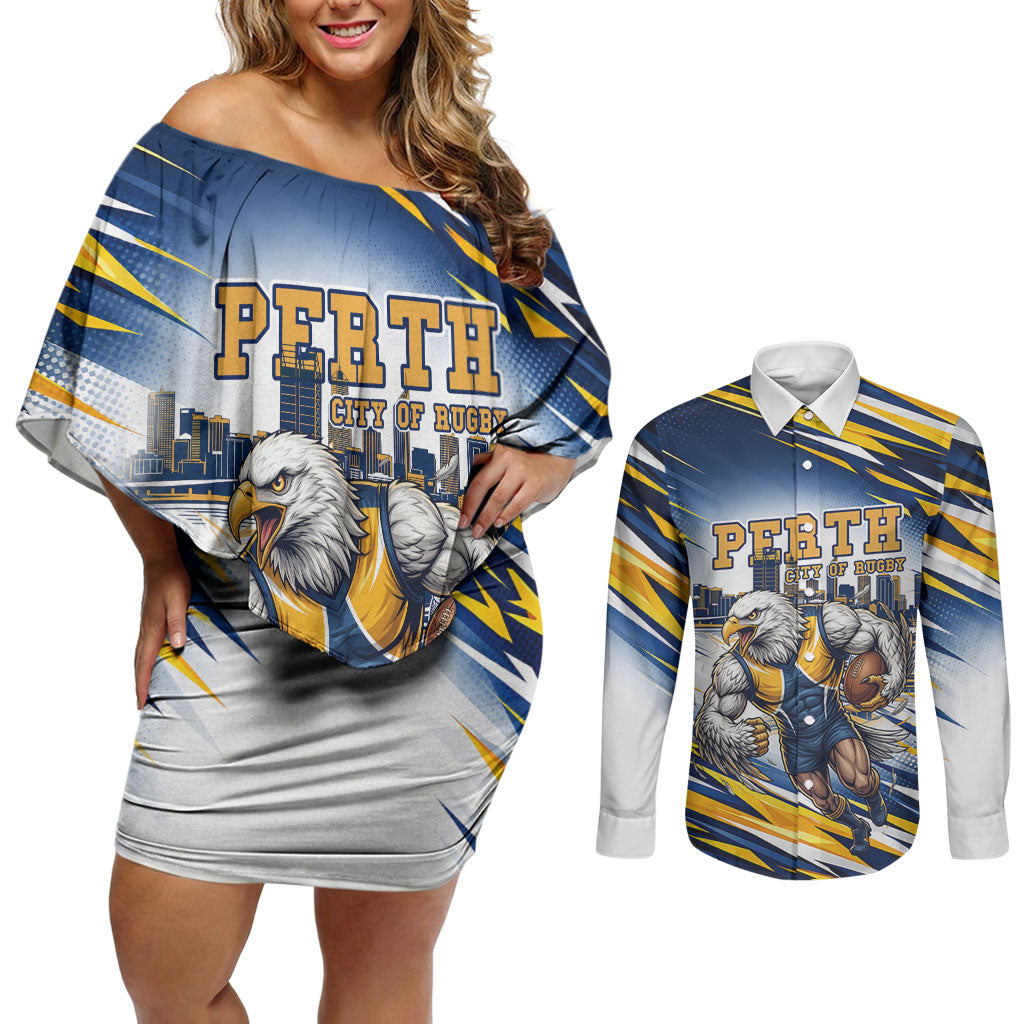 Personalised West Coast Eagles Fan Pride Couples Matching Off Shoulder Short Dress and Long Sleeve Button Shirt Muscular Eagle Mascot Graphic Art With Perth City Skyline