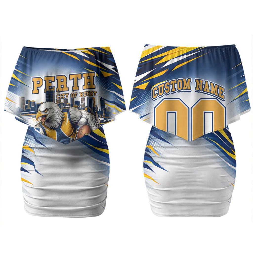 Personalised West Coast Eagles Fan Pride Couples Matching Off Shoulder Short Dress and Long Sleeve Button Shirt Muscular Eagle Mascot Graphic Art With Perth City Skyline