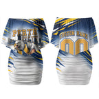 Personalised West Coast Eagles Fan Pride Couples Matching Off Shoulder Short Dress and Long Sleeve Button Shirt Muscular Eagle Mascot Graphic Art With Perth City Skyline
