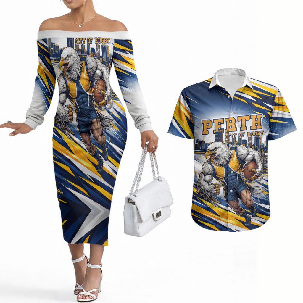 Personalised West Coast Eagles Fan Pride Couples Matching Off The Shoulder Long Sleeve Dress and Hawaiian Shirt Muscular Eagle Mascot Graphic Art With Perth City Skyline