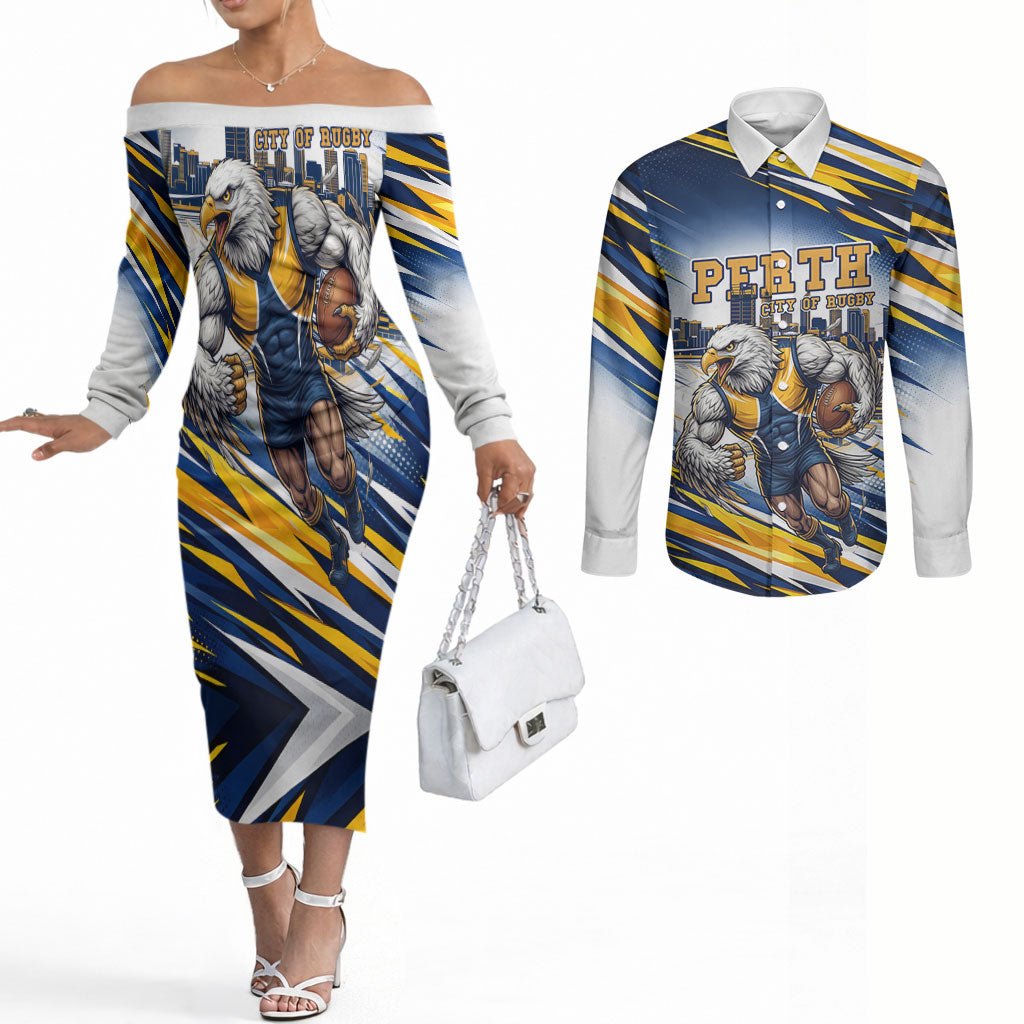 Personalised West Coast Eagles Fan Pride Couples Matching Off The Shoulder Long Sleeve Dress and Long Sleeve Button Shirt Muscular Eagle Mascot Graphic Art With Perth City Skyline
