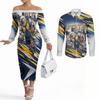 Personalised West Coast Eagles Fan Pride Couples Matching Off The Shoulder Long Sleeve Dress and Long Sleeve Button Shirt Muscular Eagle Mascot Graphic Art With Perth City Skyline