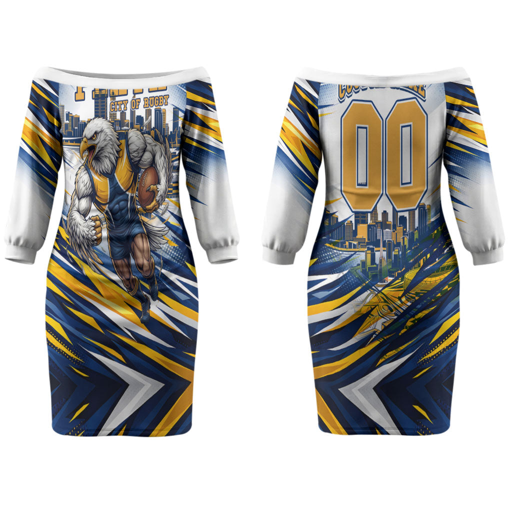 Personalised West Coast Eagles Fan Pride Couples Matching Off The Shoulder Long Sleeve Dress and Long Sleeve Button Shirt Muscular Eagle Mascot Graphic Art With Perth City Skyline