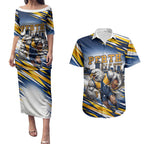 Personalised West Coast Eagles Fan Pride Couples Matching Puletasi and Hawaiian Shirt Muscular Eagle Mascot Graphic Art With Perth City Skyline
