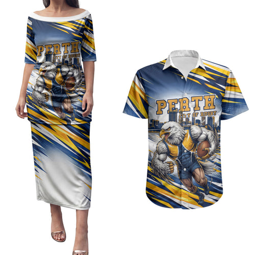 Personalised West Coast Eagles Fan Pride Couples Matching Puletasi and Hawaiian Shirt Muscular Eagle Mascot Graphic Art With Perth City Skyline