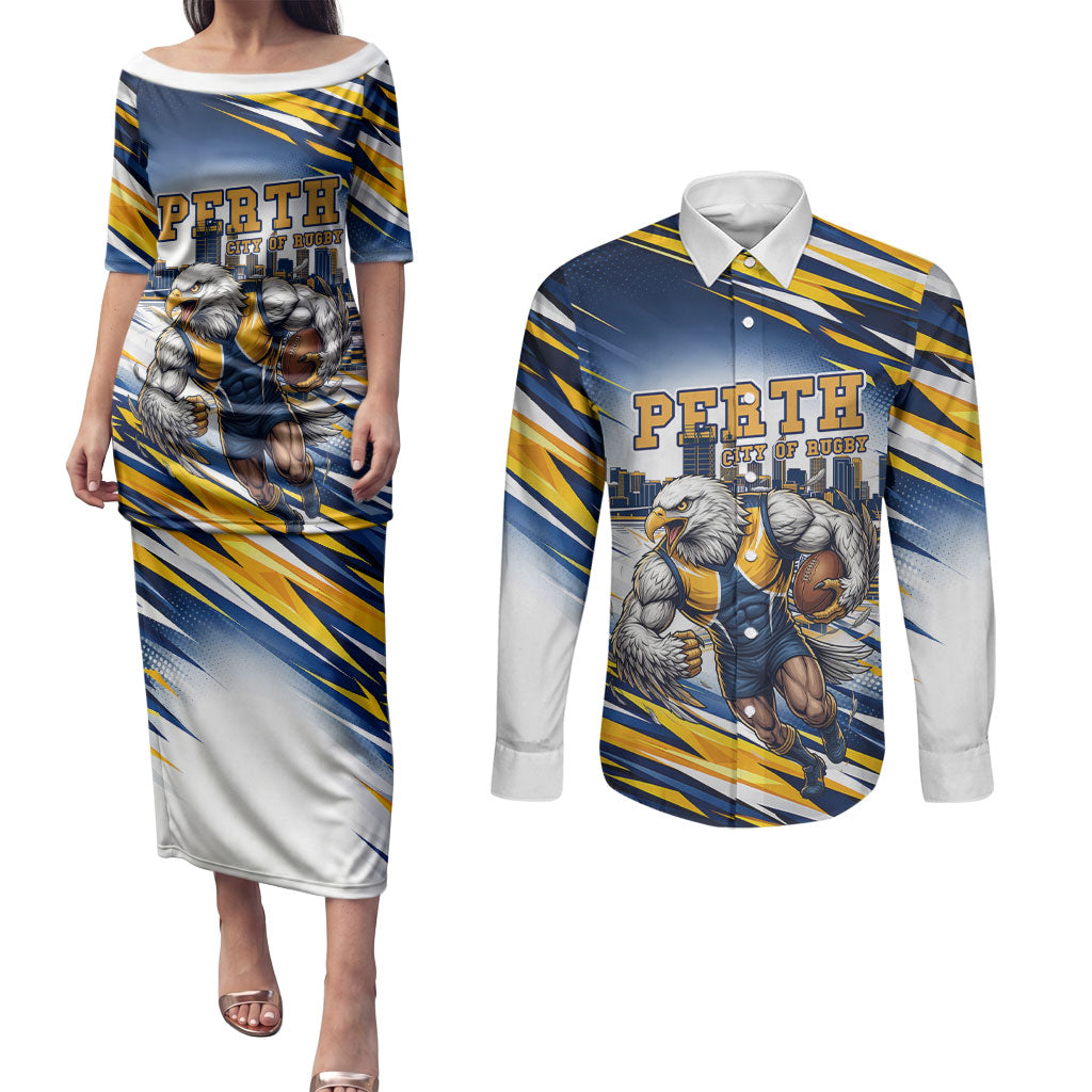 Personalised West Coast Eagles Fan Pride Couples Matching Puletasi and Long Sleeve Button Shirt Muscular Eagle Mascot Graphic Art With Perth City Skyline