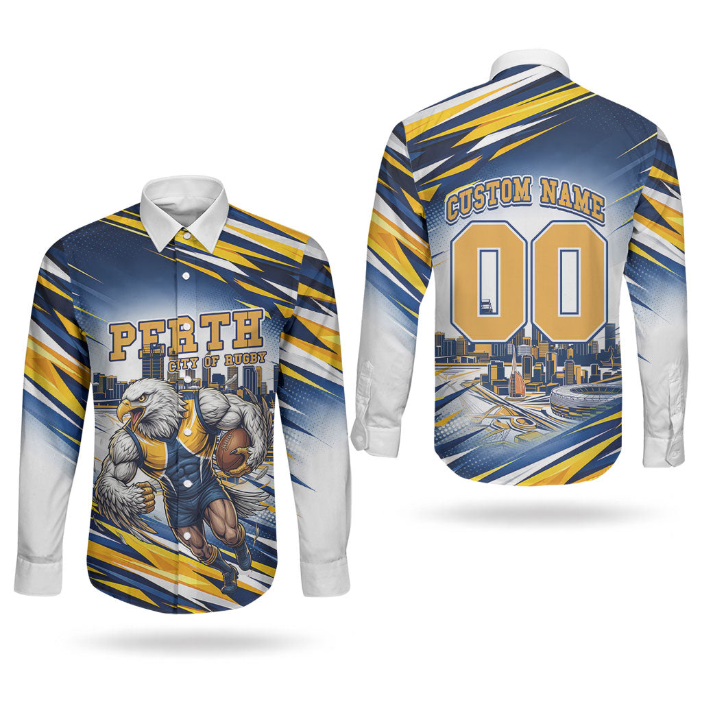 Personalised West Coast Eagles Fan Pride Couples Matching Puletasi and Long Sleeve Button Shirt Muscular Eagle Mascot Graphic Art With Perth City Skyline