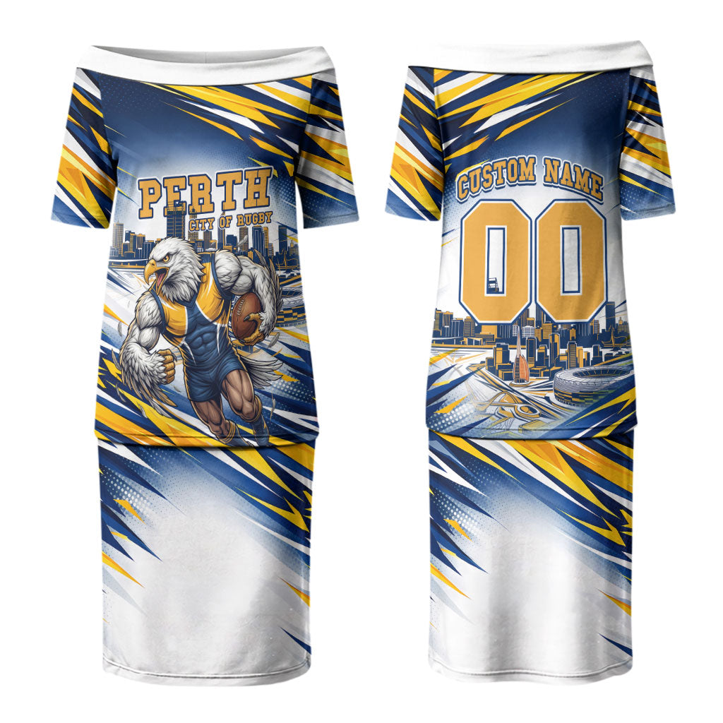 Personalised West Coast Eagles Fan Pride Couples Matching Puletasi and Long Sleeve Button Shirt Muscular Eagle Mascot Graphic Art With Perth City Skyline