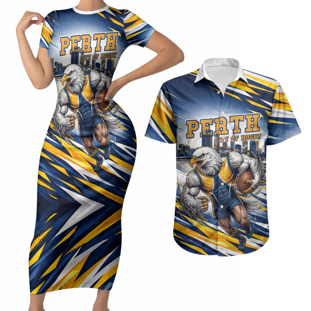 Personalised West Coast Eagles Fan Pride Couples Matching Short Sleeve Bodycon Dress and Hawaiian Shirt Muscular Eagle Mascot Graphic Art With Perth City Skyline