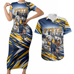Personalised West Coast Eagles Fan Pride Couples Matching Short Sleeve Bodycon Dress and Hawaiian Shirt Muscular Eagle Mascot Graphic Art With Perth City Skyline