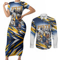Personalised West Coast Eagles Fan Pride Couples Matching Short Sleeve Bodycon Dress and Long Sleeve Button Shirt Muscular Eagle Mascot Graphic Art With Perth City Skyline