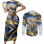 Personalised West Coast Eagles Fan Pride Couples Matching Short Sleeve Bodycon Dress and Long Sleeve Button Shirt Muscular Eagle Mascot Graphic Art With Perth City Skyline
