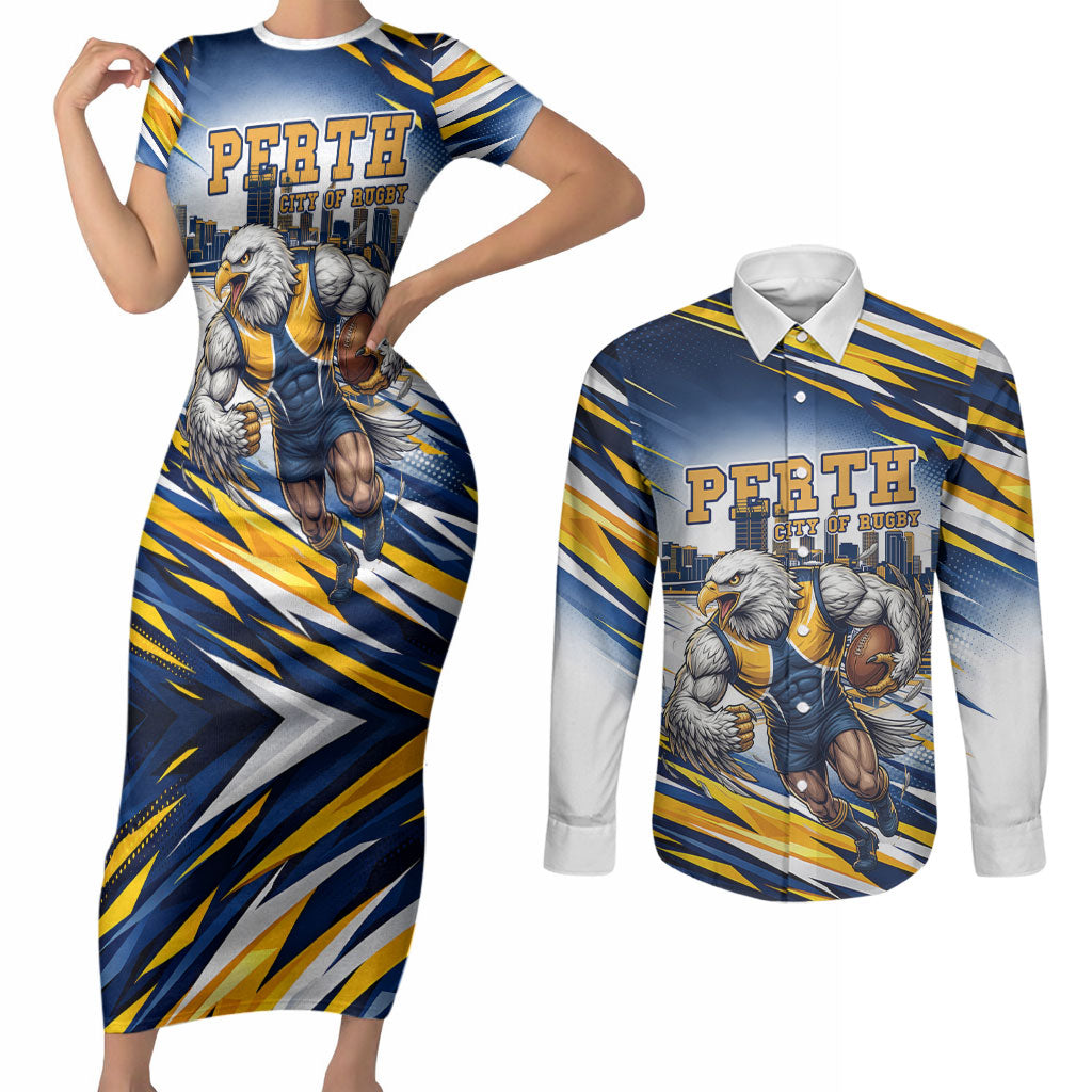 Personalised West Coast Eagles Fan Pride Couples Matching Short Sleeve Bodycon Dress and Long Sleeve Button Shirt Muscular Eagle Mascot Graphic Art With Perth City Skyline