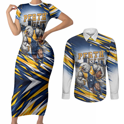 Personalised West Coast Eagles Fan Pride Couples Matching Short Sleeve Bodycon Dress and Long Sleeve Button Shirt Muscular Eagle Mascot Graphic Art With Perth City Skyline