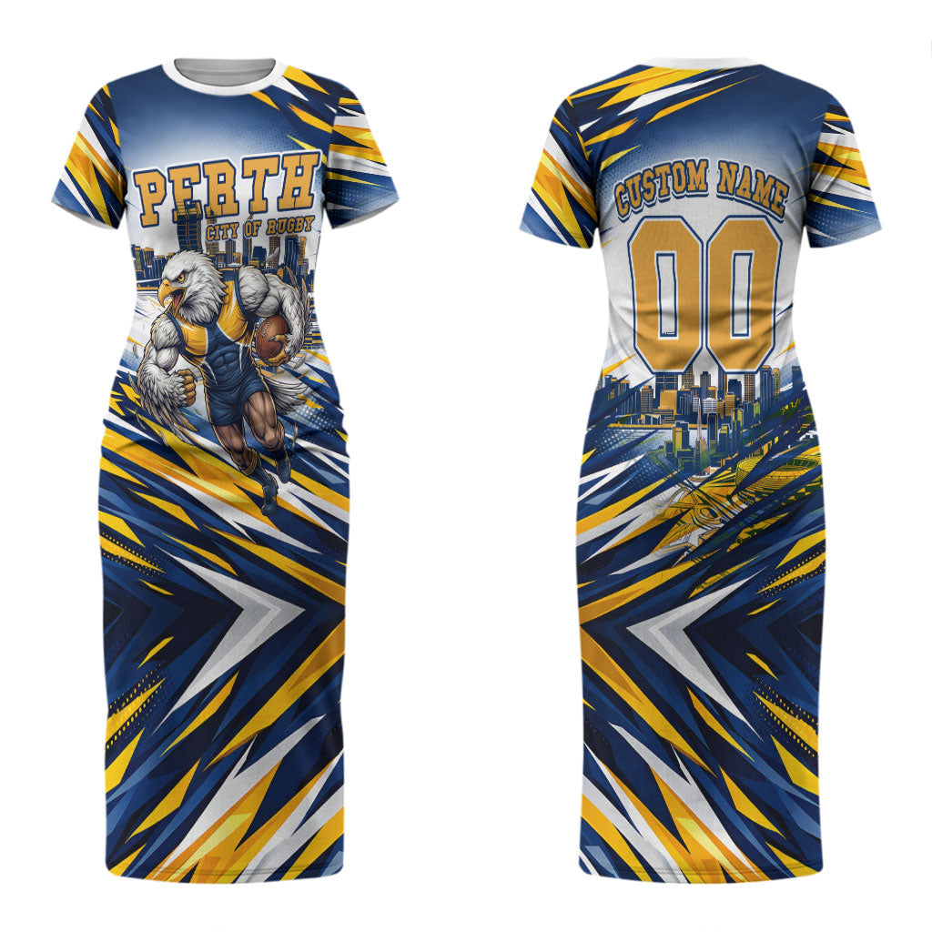 Personalised West Coast Eagles Fan Pride Couples Matching Short Sleeve Bodycon Dress and Long Sleeve Button Shirt Muscular Eagle Mascot Graphic Art With Perth City Skyline