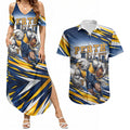 Personalised West Coast Eagles Fan Pride Couples Matching Summer Maxi Dress and Hawaiian Shirt Muscular Eagle Mascot Graphic Art With Perth City Skyline
