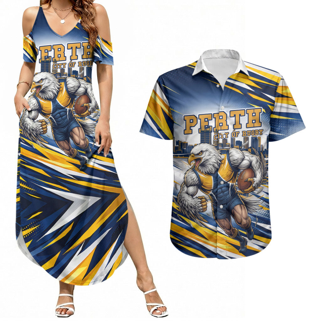 Personalised West Coast Eagles Fan Pride Couples Matching Summer Maxi Dress and Hawaiian Shirt Muscular Eagle Mascot Graphic Art With Perth City Skyline