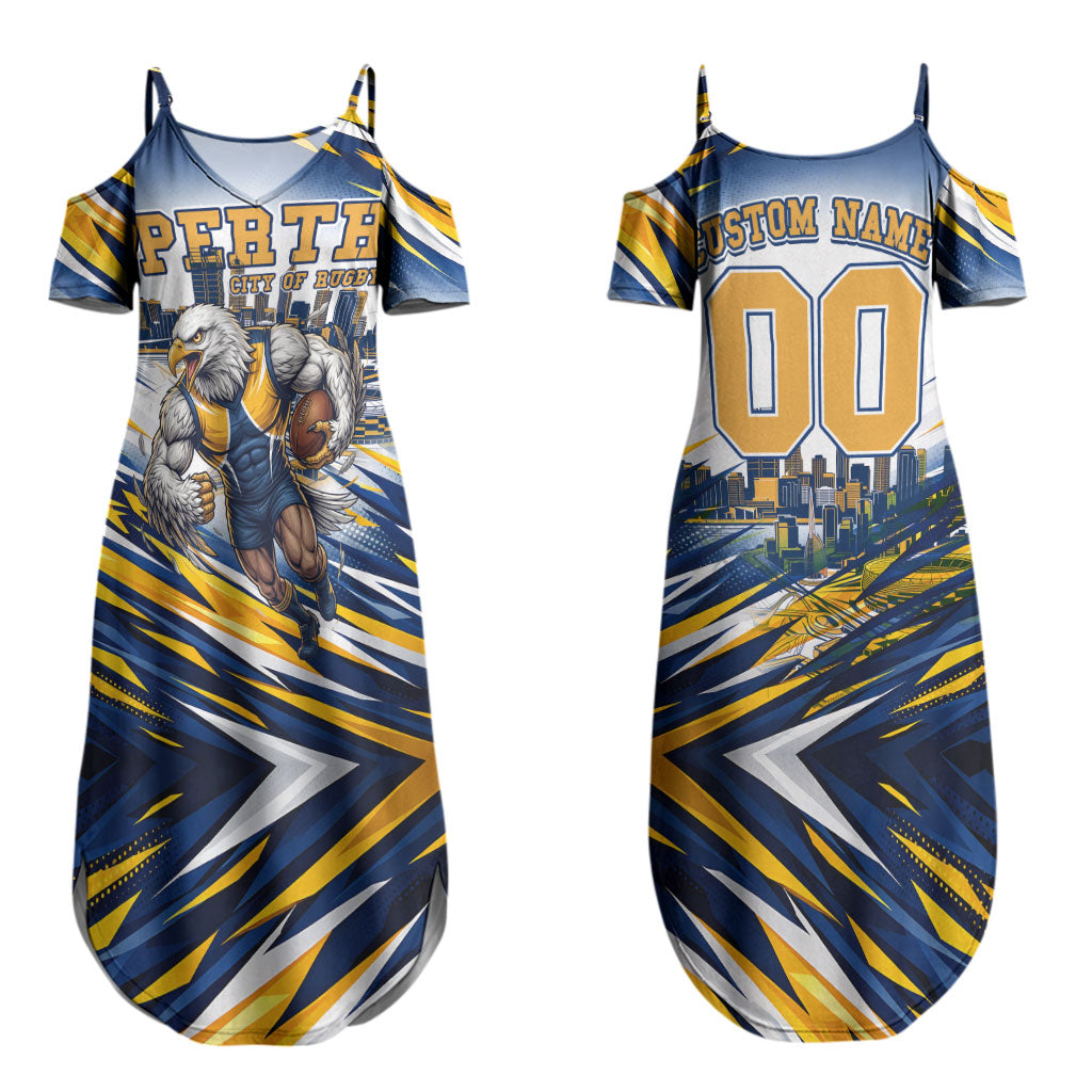 Personalised West Coast Eagles Fan Pride Couples Matching Summer Maxi Dress and Hawaiian Shirt Muscular Eagle Mascot Graphic Art With Perth City Skyline