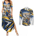 Personalised West Coast Eagles Fan Pride Couples Matching Summer Maxi Dress and Long Sleeve Button Shirt Muscular Eagle Mascot Graphic Art With Perth City Skyline