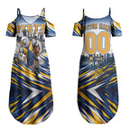 Personalised West Coast Eagles Fan Pride Couples Matching Summer Maxi Dress and Long Sleeve Button Shirt Muscular Eagle Mascot Graphic Art With Perth City Skyline
