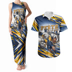 Personalised West Coast Eagles Fan Pride Couples Matching Tank Maxi Dress and Hawaiian Shirt Muscular Eagle Mascot Graphic Art With Perth City Skyline