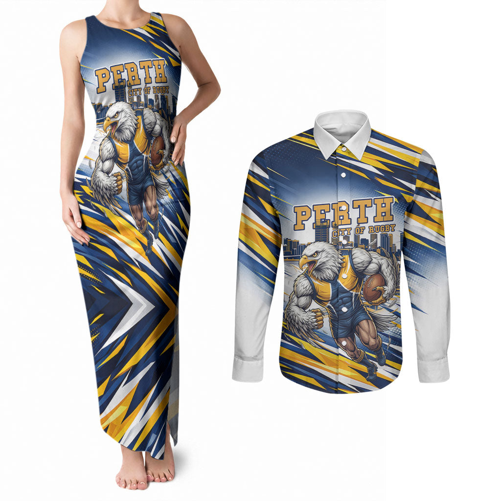 Personalised West Coast Eagles Fan Pride Couples Matching Tank Maxi Dress and Long Sleeve Button Shirt Muscular Eagle Mascot Graphic Art With Perth City Skyline