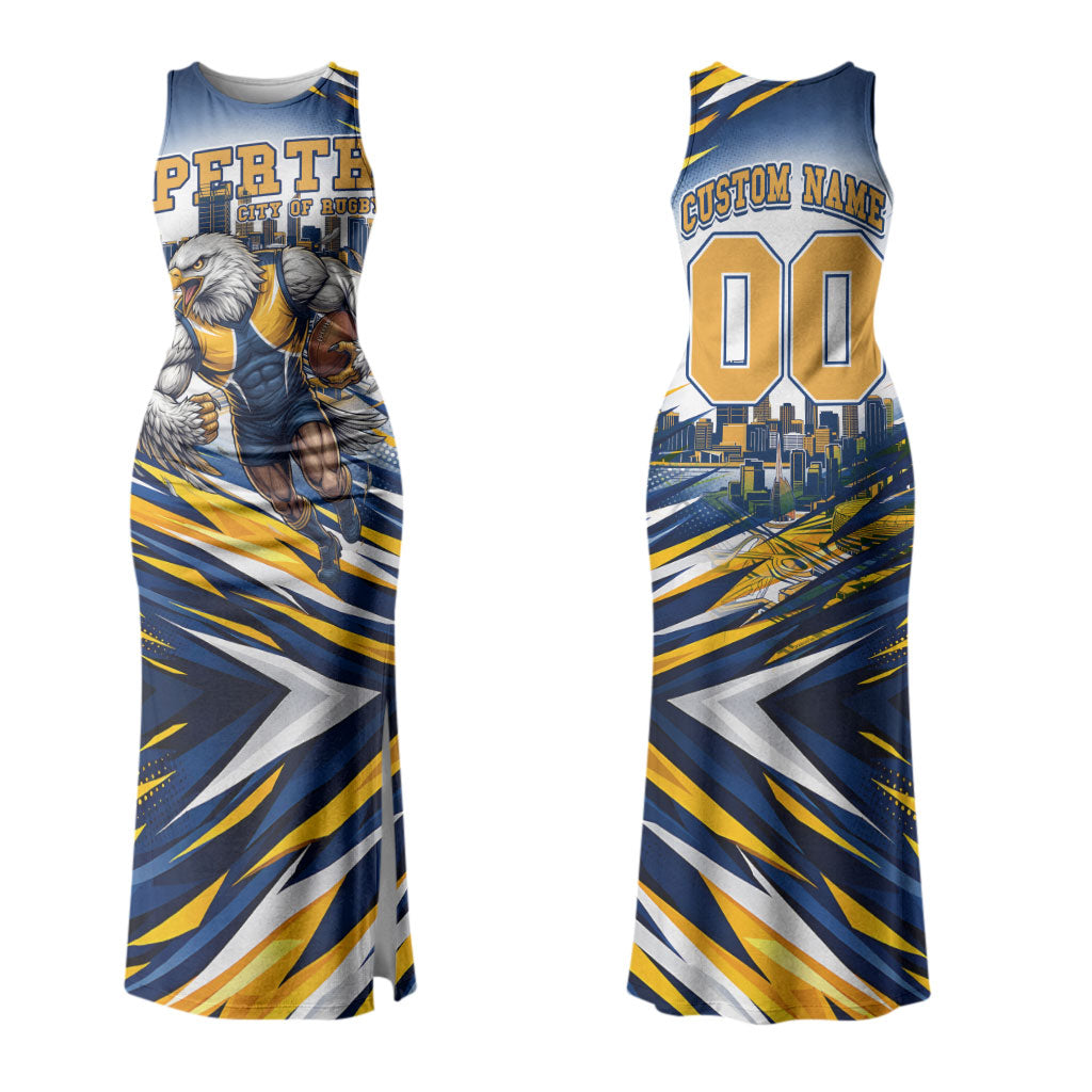 Personalised West Coast Eagles Fan Pride Couples Matching Tank Maxi Dress and Long Sleeve Button Shirt Muscular Eagle Mascot Graphic Art With Perth City Skyline