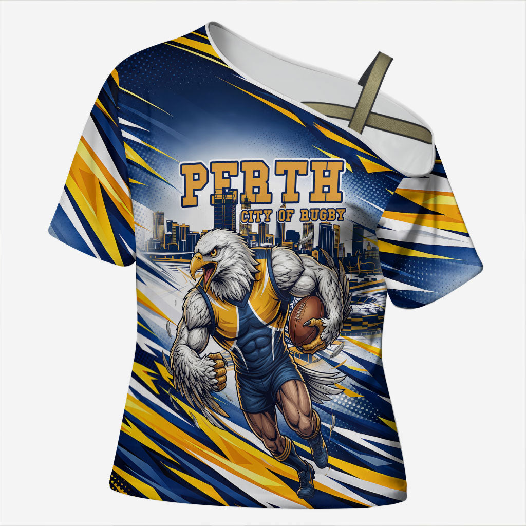 Personalised West Coast Eagles Fan Pride Cross Shoulder Shirt Muscular Eagle Mascot Graphic Art With Perth City Skyline