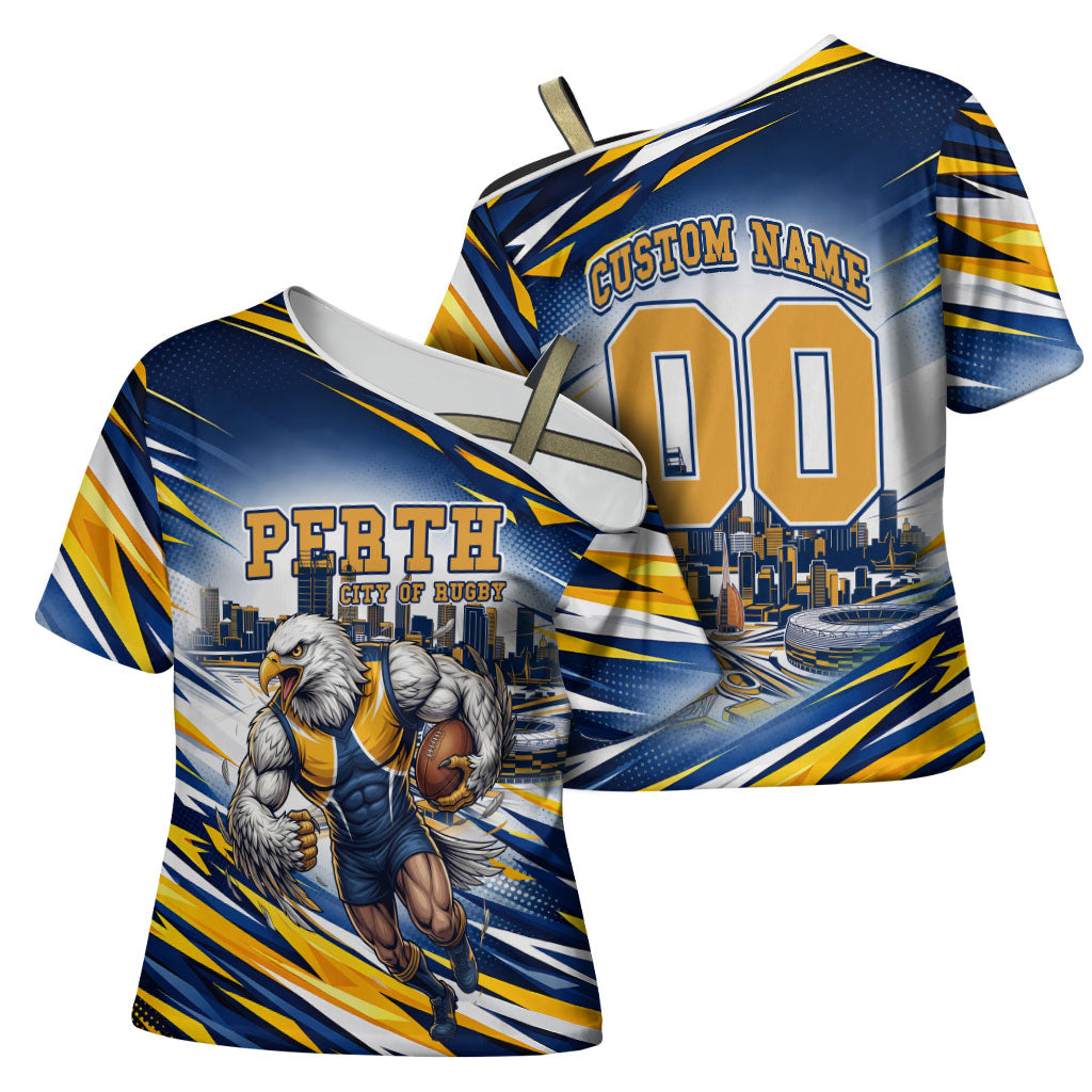 Personalised West Coast Eagles Fan Pride Cross Shoulder Shirt Muscular Eagle Mascot Graphic Art With Perth City Skyline