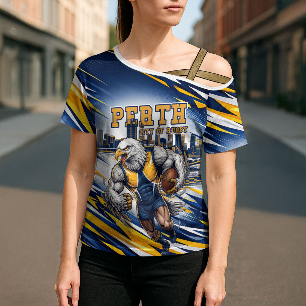 Personalised West Coast Eagles Fan Pride Cross Shoulder Shirt Muscular Eagle Mascot Graphic Art With Perth City Skyline